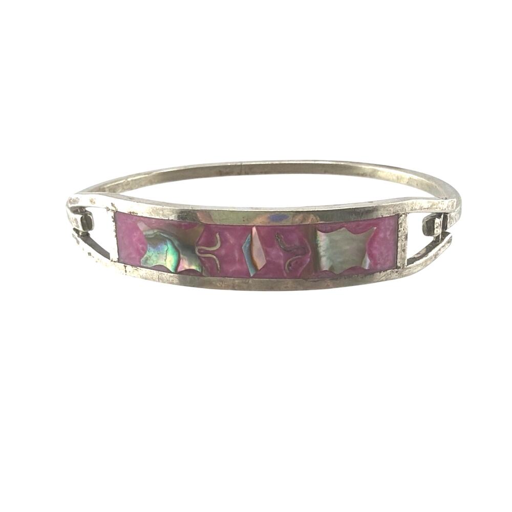 Vintage Mexican Alpaca Pink Shell Abalone Hinged Bangle Bracelet